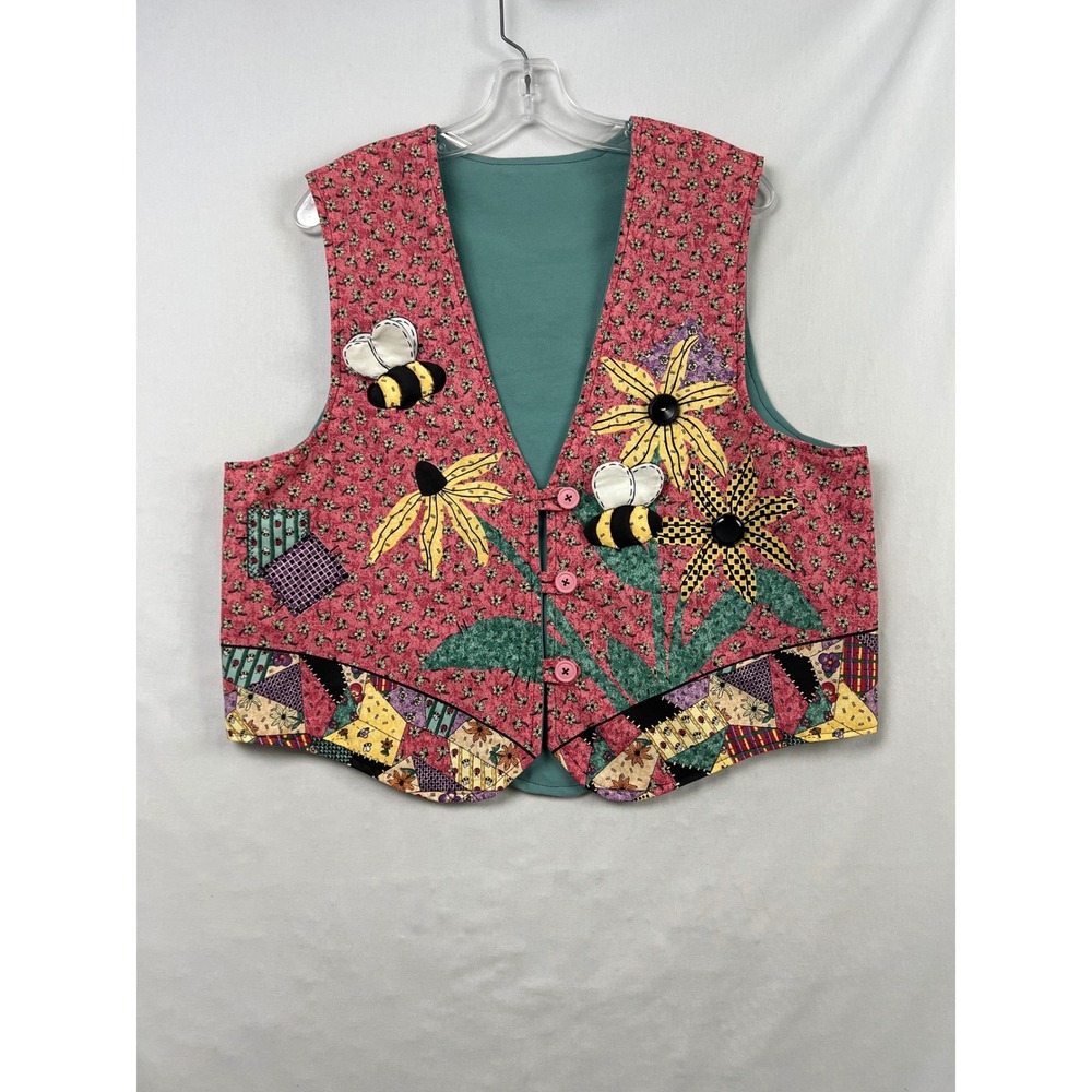 Handmade Novelty Vest Womens L Pink Bumblebee Sunflower Cottagecore